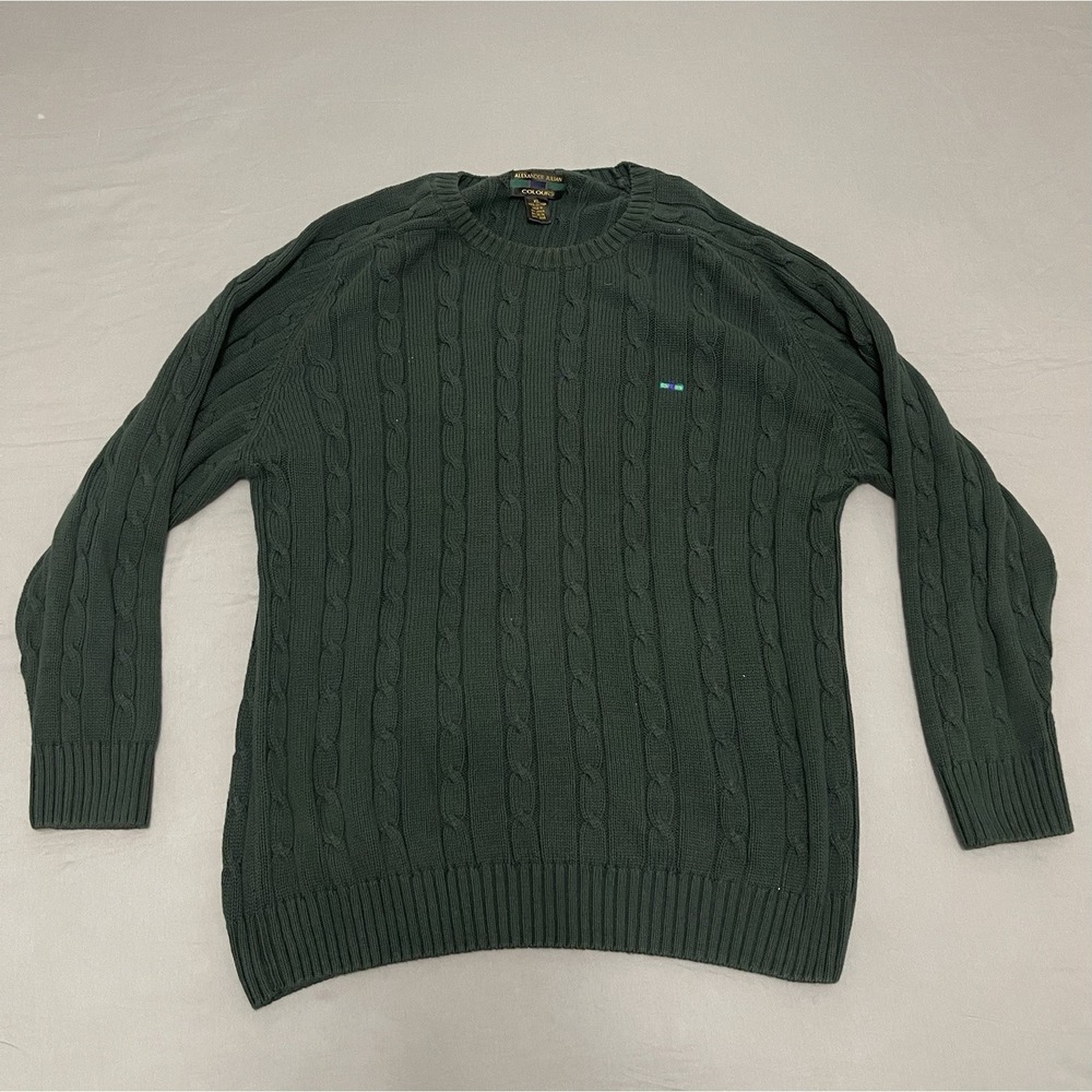 Alexander Julian Colours Mens XL Green Cable Knit 100% Cotton Sweater Pullover